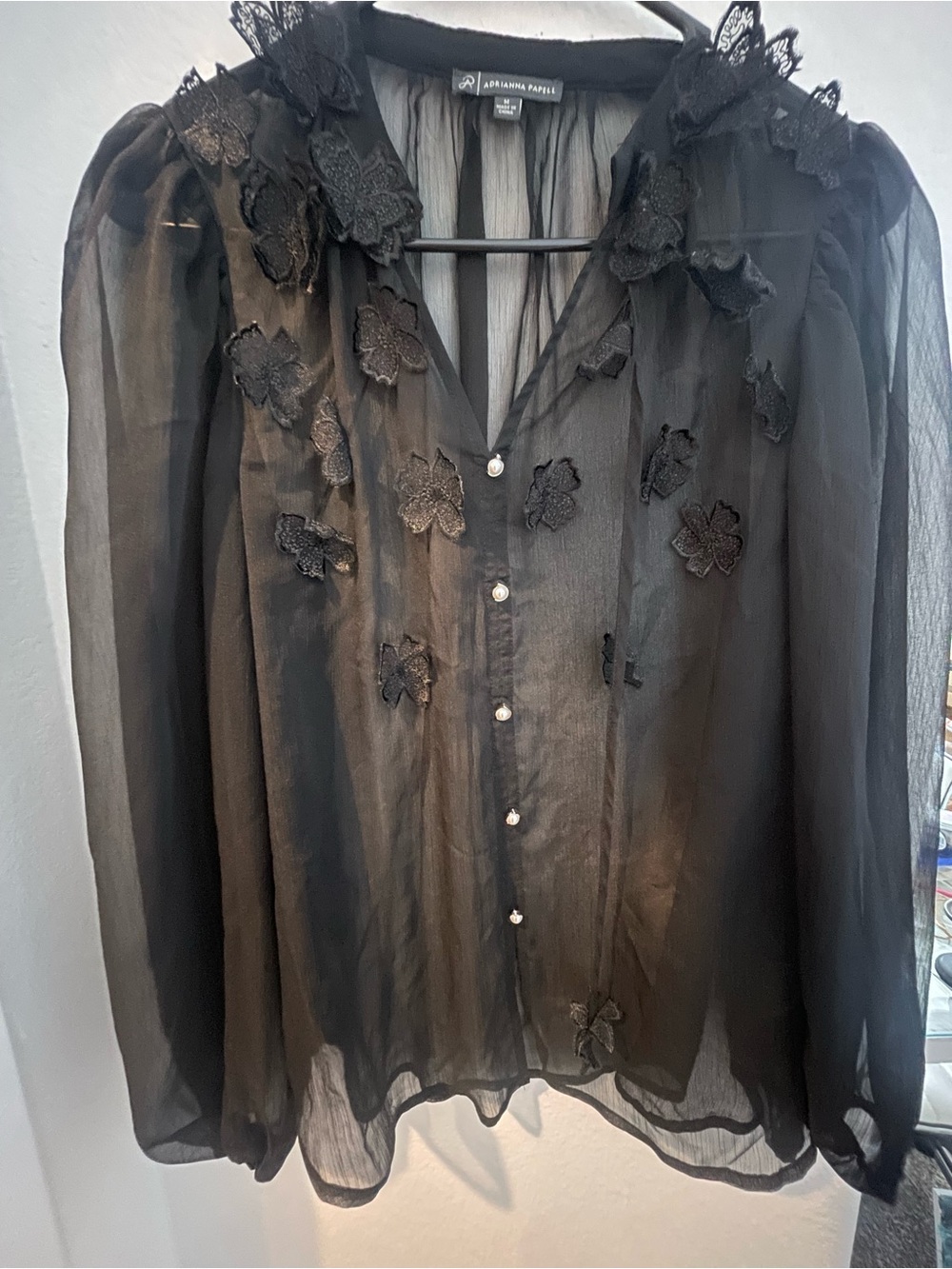 Adrianna Papell Black Sheer Pleated Blouse